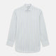 The Turnbull & Asser Multi Tone Double Pinstripe Mayfair Shirt is a long-sleeve pure cotton shirt with a collar and thin blue, green, and yellow double pinstripes on a white background.