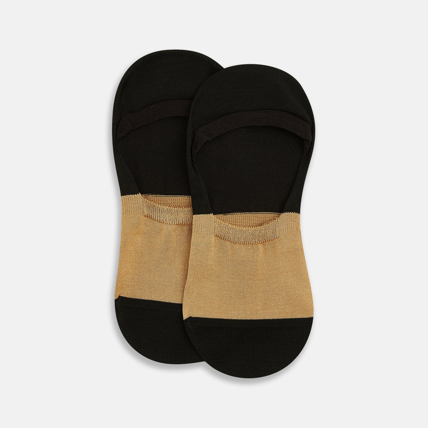 Image 2 of product Turnbull & Asser's Dark Chocolate No-Show Socks are low-cut, crafted from soft cotton with a tan front and toe, and a dark chocolate heel, sole, and back—an elevated twist on classic no-show socks, shown against a plain white background.