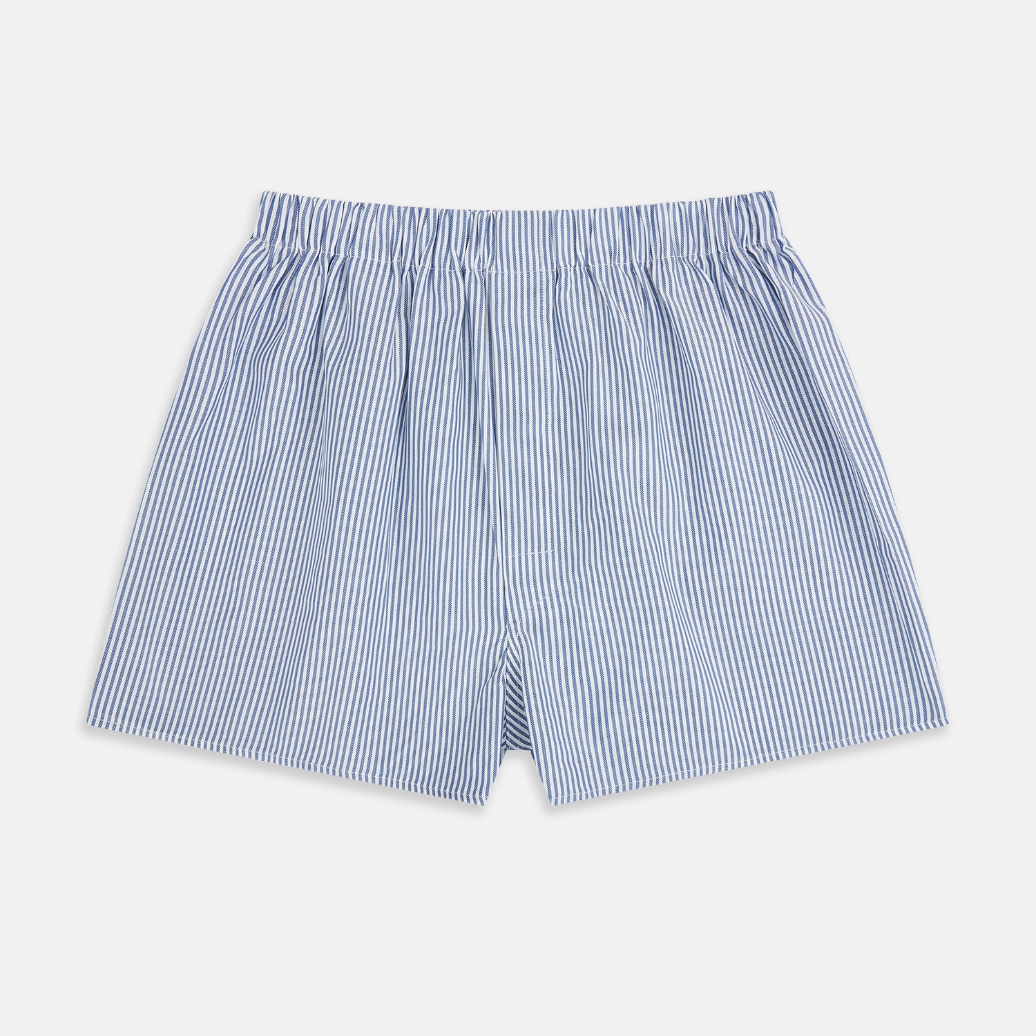 Image 1 of product The Navy Bengal Stripe Godfrey Boxer Shorts by Turnbull & Asser feature blue and white vertical stripes, crafted from fine Italian cotton with an elastic waistband—luxury men’s underwear, shown laid flat on a white background.