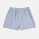 The Navy Bengal Stripe Godfrey Boxer Shorts by Turnbull & Asser feature blue and white vertical stripes, crafted from fine Italian cotton with an elastic waistband—luxury men’s underwear, shown laid flat on a white background.