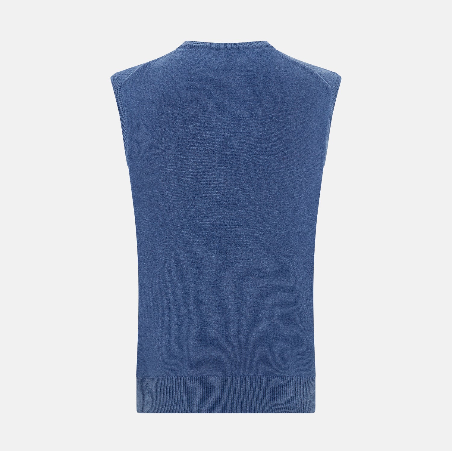 Image 3 of product The Turnbull & Asser Blue V-Neck Sleeveless Cashmere Vest features a ribbed hem and is shown against a plain white background.