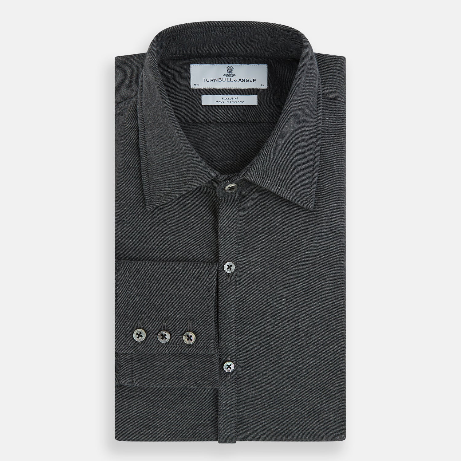 Image 5 of product The Charcoal Melange Westminster Shirt by Turnbull & Asser features a long-sleeve, button-up design with a Turnbull collar and buttoned cuffs, offering classic British craftsmanship in a timeless style.