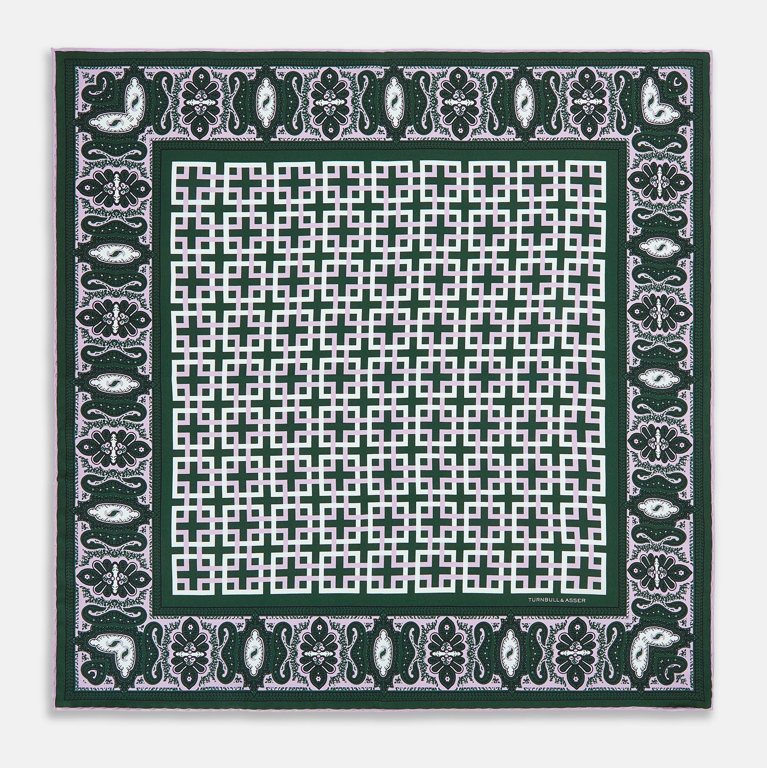 Image 4 of product The Forest Green Square-Patterned and Paisley Silk Pocket Square by Turnbull & Asser features geometric and paisley designs, is handcrafted in England, and has the brand printed near the edge.