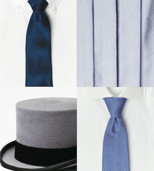 A collage with four images: a blue necktie on a white shirt, a close-up of silver-gray fabric, a gray top hat with a black band, and a light blue patterned necktie on a white shirt.