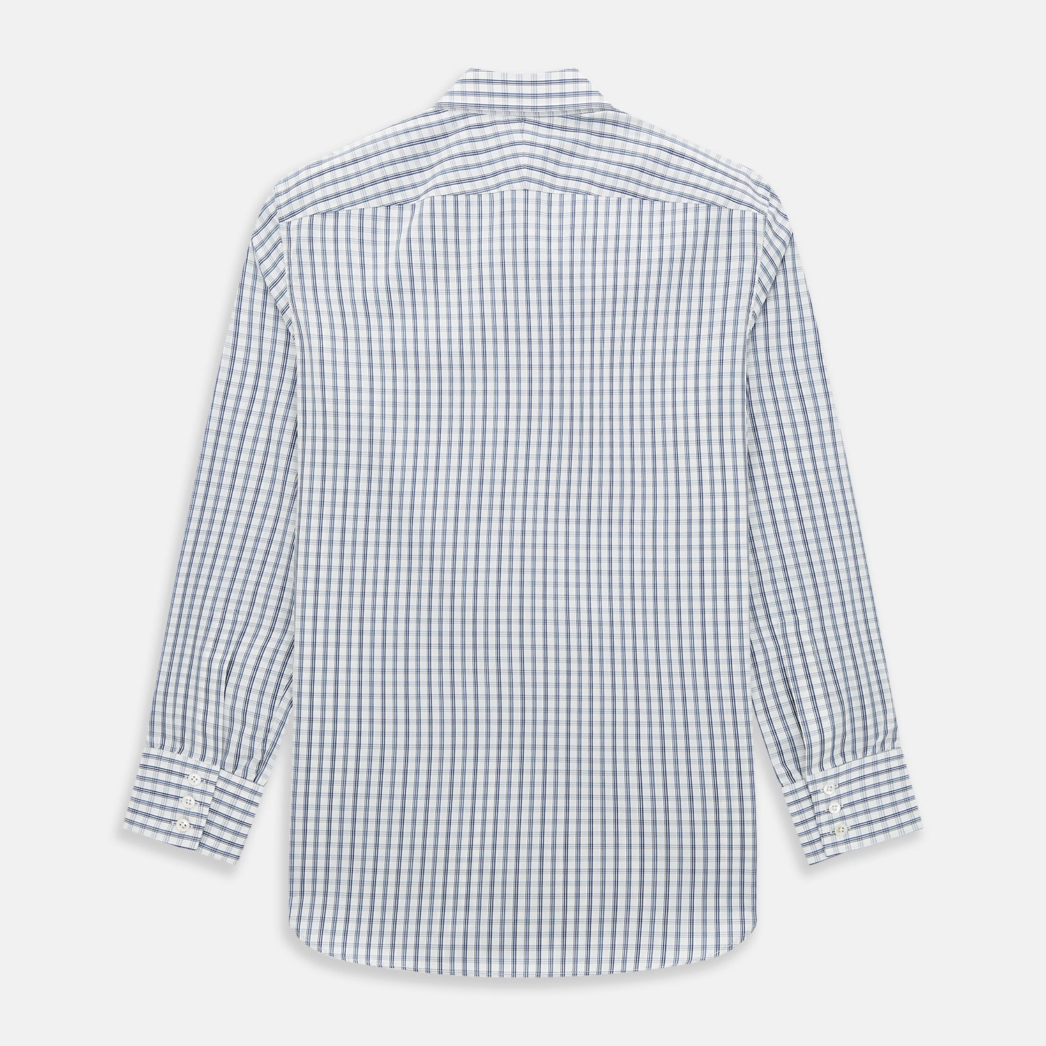 Image 3 of product The Azzurro Multi Check Westminster Shirt by Turnbull & Asser is a long-sleeve, button-up with a white base and blue and gray checks, displayed flat against a white background.