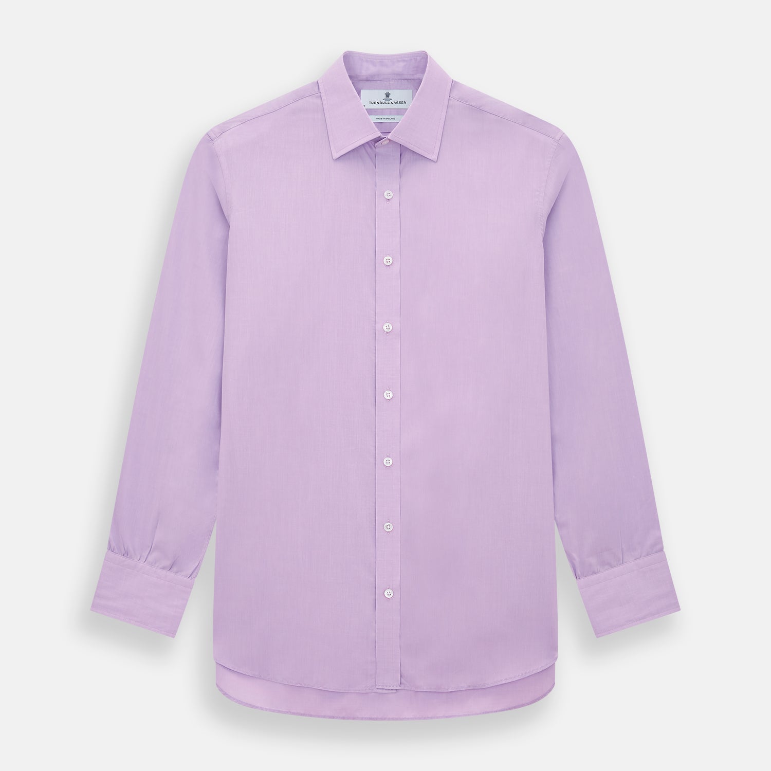 Image 1 of product The Turnbull & Asser Purple Pink Mayfair Shirt is a men's formal, long-sleeve button-up with a classic collar and buttoned cuffs, shown in light purple against a plain white background.