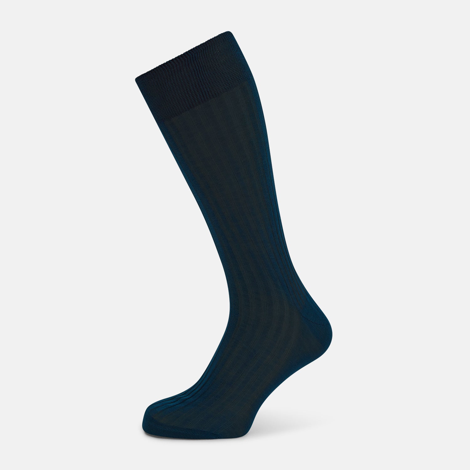 Image 1 of product A single Turnbull & Asser Petrol Mid-Length Sock, made from mercerised Egyptian cotton, is displayed at an angle on a white background, showcasing its ribbed texture and premium comfort.