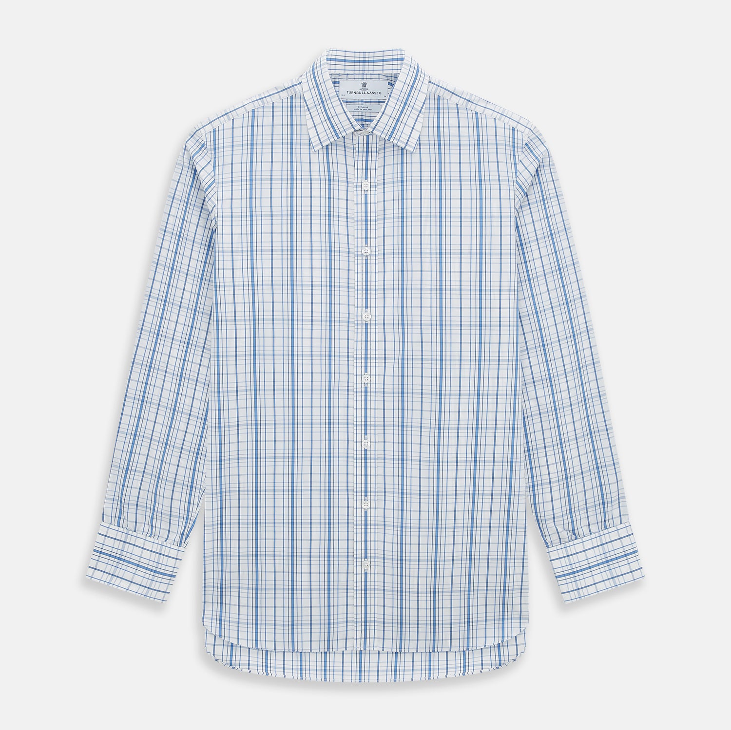 Image 1 of product The Turnbull & Asser Blue Plaid Check Mayfair Shirt is a long-sleeve, button-down shirt with a T&A collar and blue and white plaid pattern, shown on a white background.