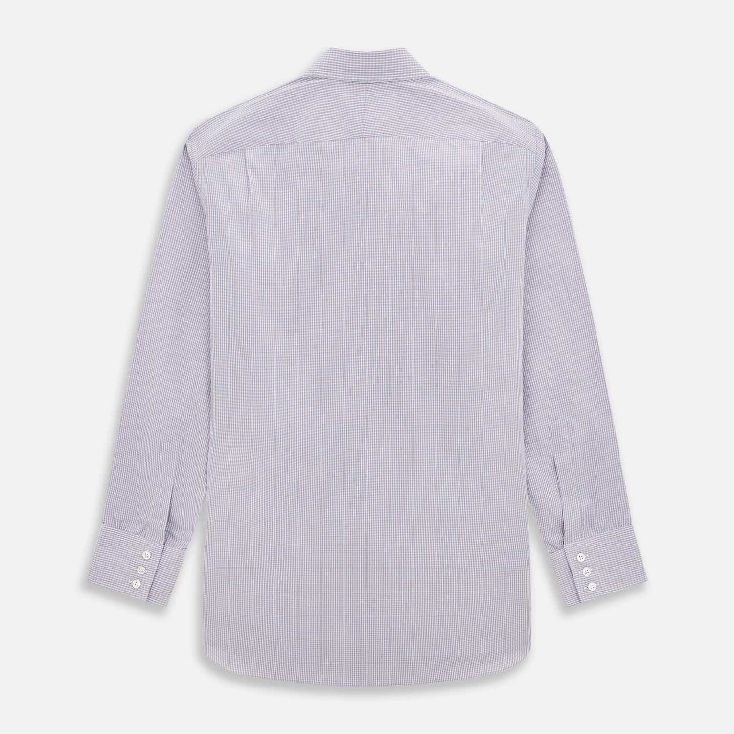Image 3 of product The Turnbull & Asser Purple Micro Check Mayfair Shirt features long sleeves, button-up front, pointed collar, and buttoned cuffs in a subtle lilac and white check, exemplifying British craftsmanship and displayed on a white background.