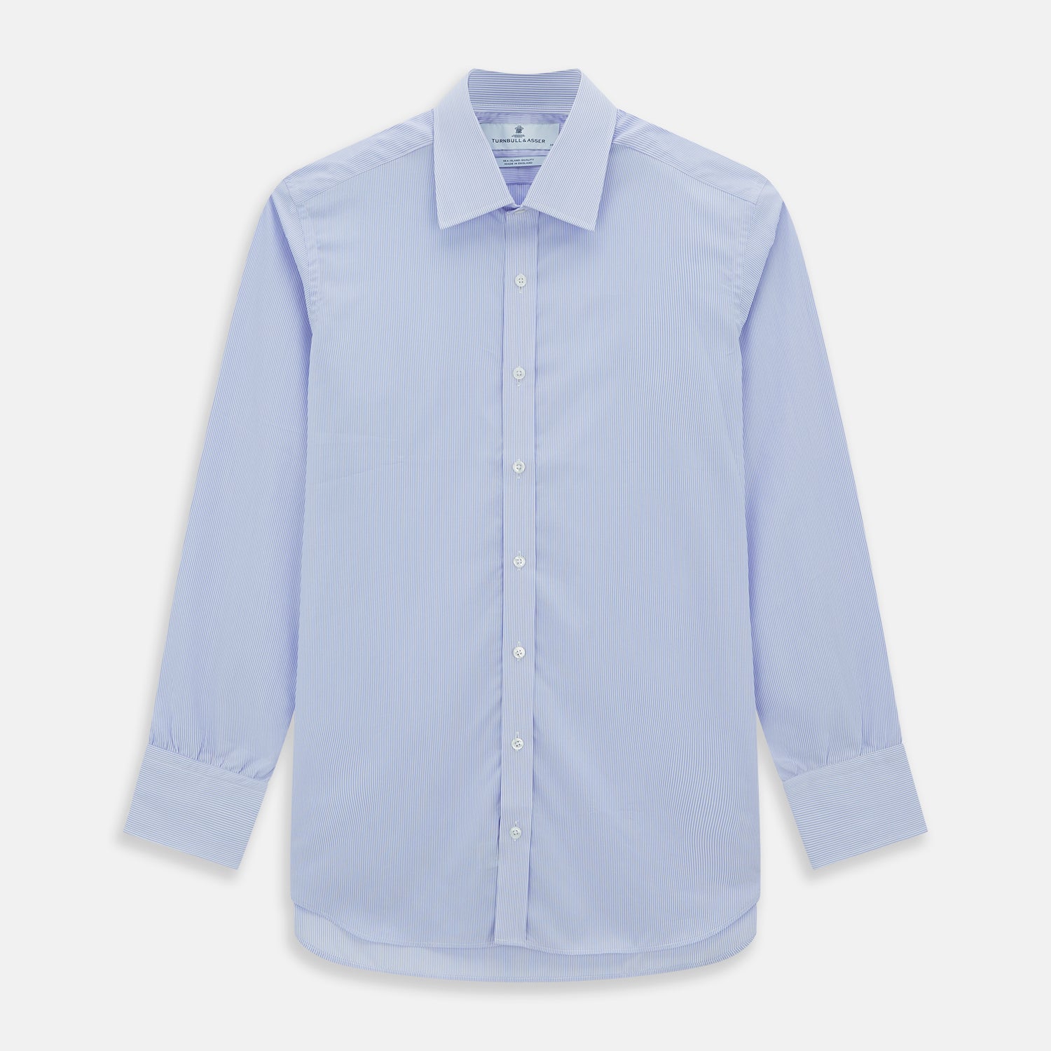 Image 1 of product A Blue and White Fine Bengal Stripe Sea Island Quality Cotton Shirt by Turnbull & Asser, featuring a T&A collar and 3-button cuffs, is laid flat on a white background.