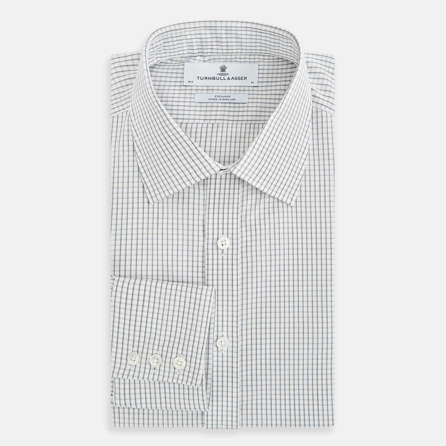 Image 5 of product The Midnight Blue Multi Check Mayfair Shirt by Turnbull & Asser is a pure cotton, long-sleeve button-down featuring a small blue multi-check pattern, pointed collar, and buttoned cuffs.