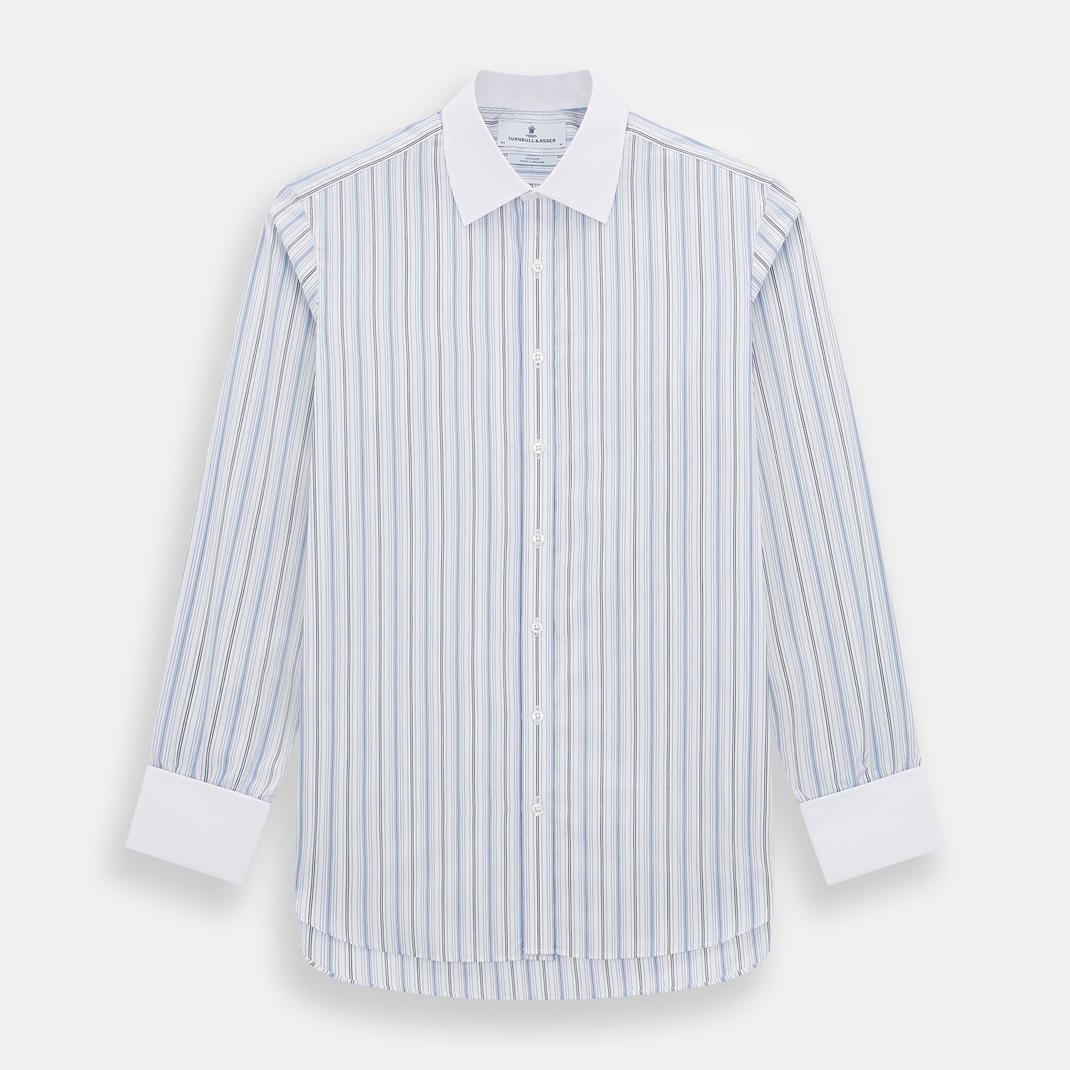 Image 1 of product The Turnbull & Asser Navy and Blue Multi Stripe Shirt with Contrast Collar and Double Cuffs is shown in a Mayfair fit on a plain white background.