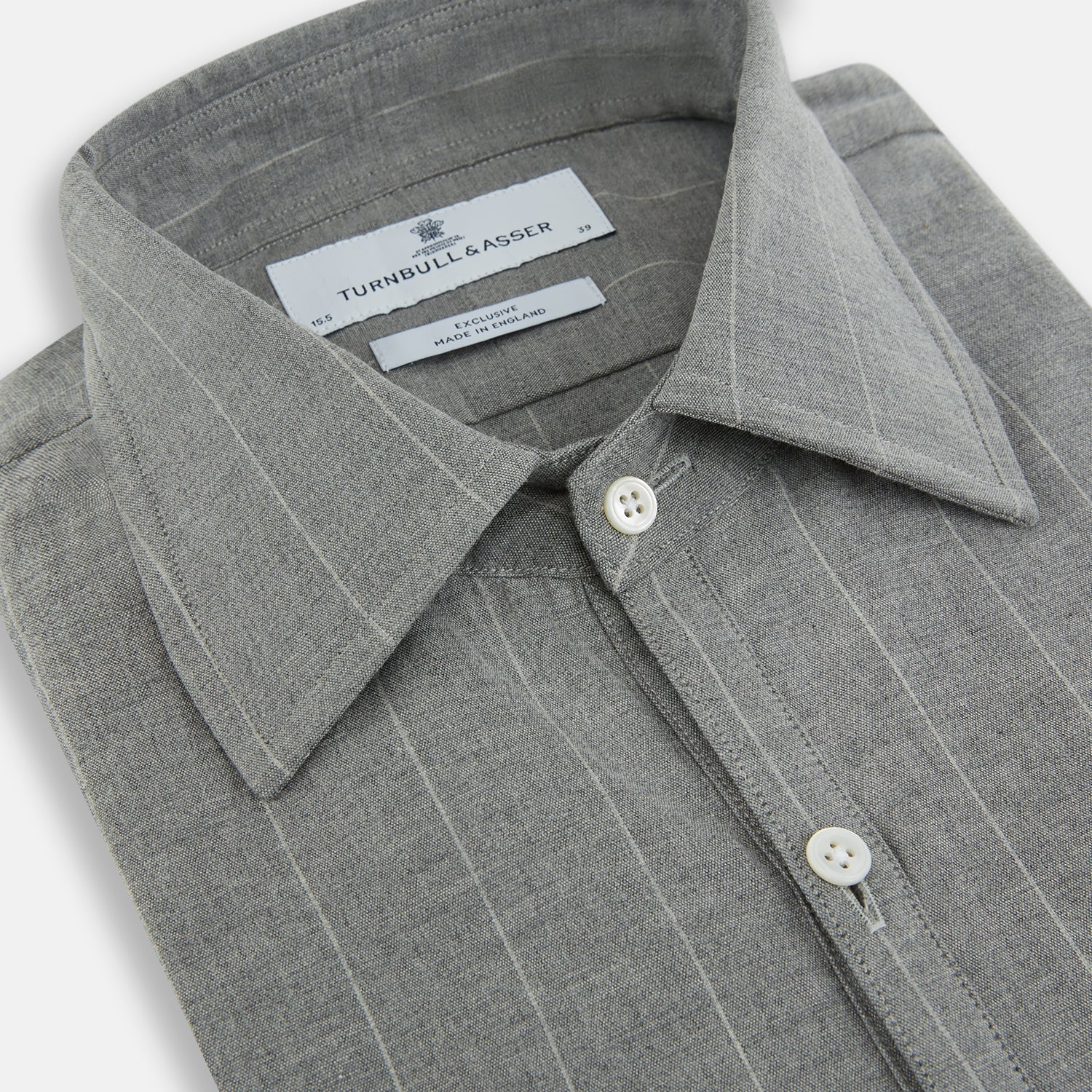Image 2 of product The Grey Wide Stripe Westminster Shirt by Turnbull & Asser features long sleeves, buttoned cuffs, a Turnbull collar, and classic British craftsmanship, shown on a white background.