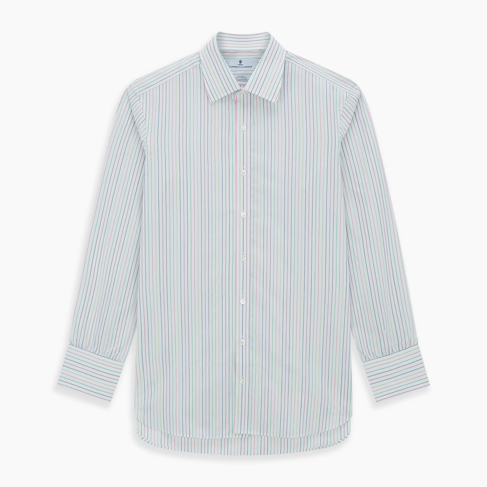Image 7 of product The Turnbull & Asser Multicoloured Double Pinstripe Mayfair Shirt, made from organic cotton, features thin blue, green, and pink stripes on white and is displayed laid flat on a white surface.