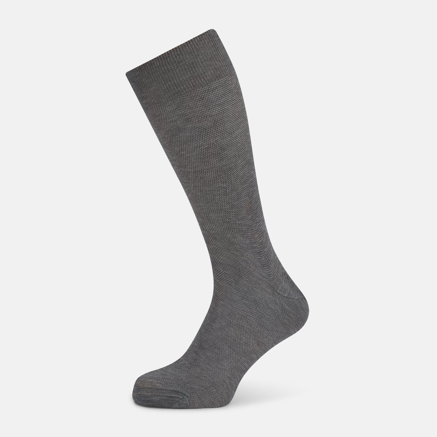 Image 1 of product A single Steel Melange Micro Knit Mid-Length Sock by Turnbull & Asser, knee-high and gray, crafted from mercerised Egyptian cotton with a subtle micro knit pattern, is displayed upright on a plain white background.
