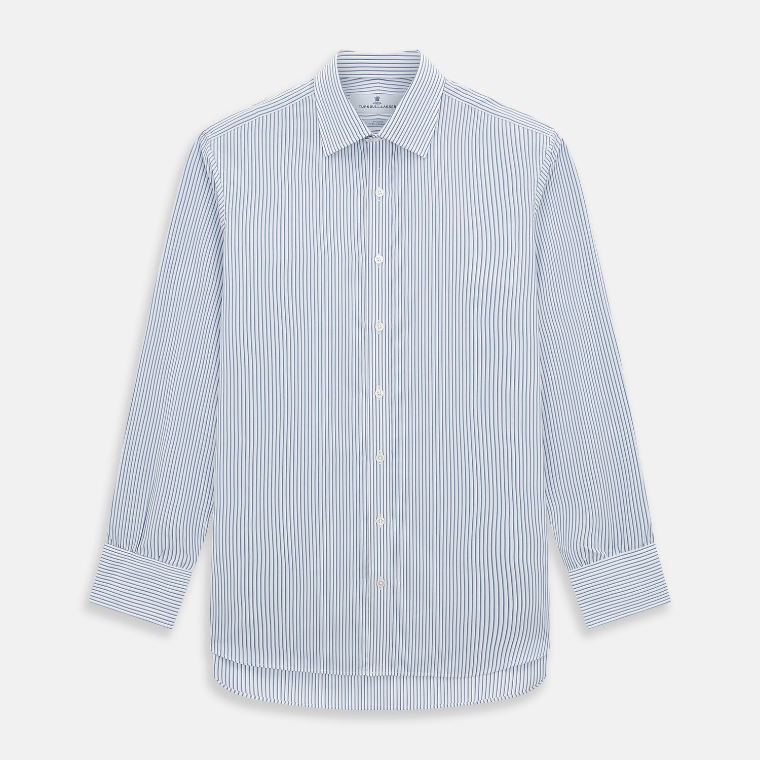 Image 1 of product The Turnbull & Asser Blue Shadow Stripe Mayfair Shirt is a long-sleeve button-up with a T&A collar and thin blue vertical stripes on white, shown on a plain white background.