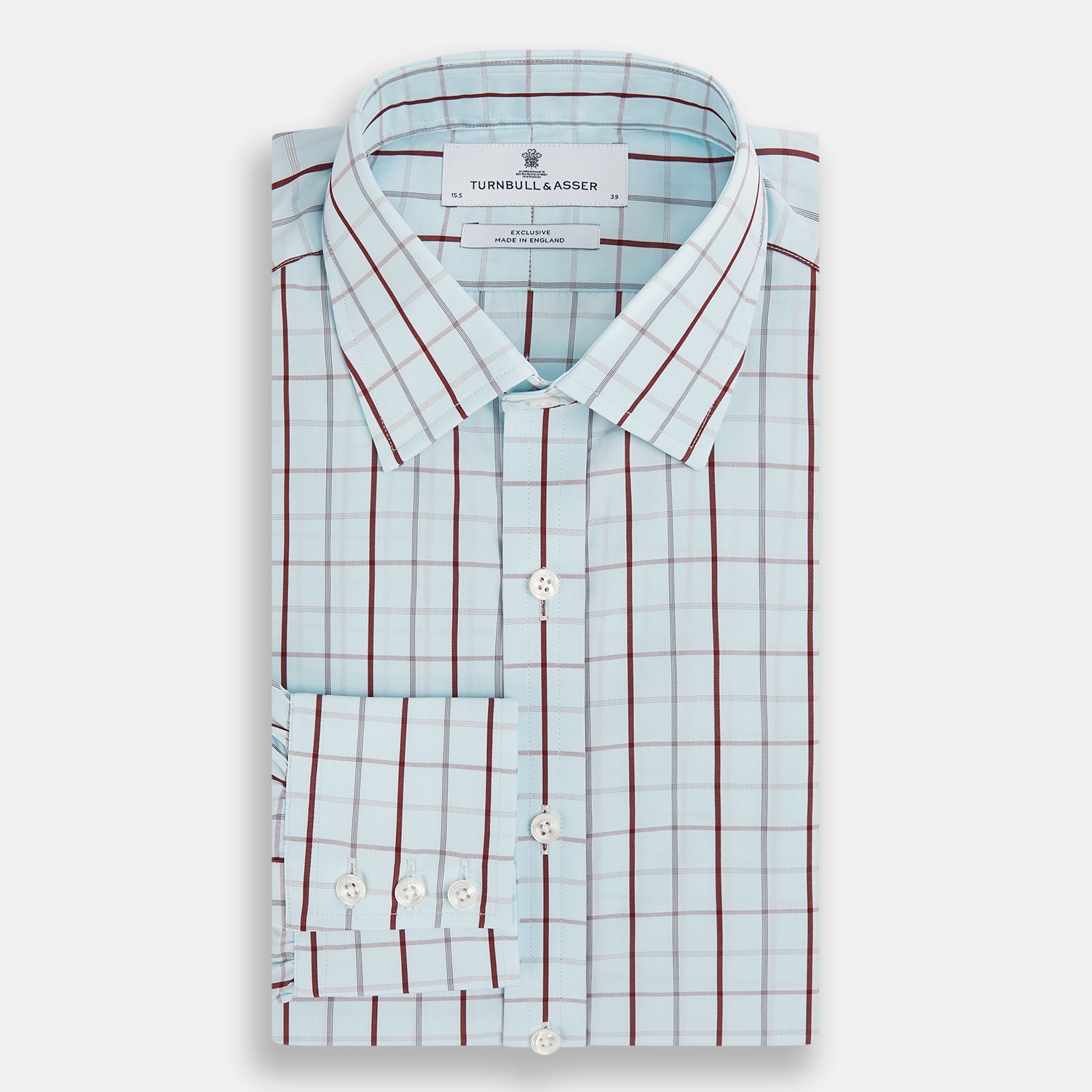Image 5 of product The Turnbull & Asser Burgundy Combination Check Mayfair Shirt is a long-sleeve button-up dress shirt with a check pattern, ideal for formal wear and shown on a plain white background.