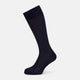 The Turnbull & Asser Midnight Motif Mid-Length Sock is a single black knee-high made from mercerised Egyptian cotton, featuring a subtle dotted pattern, showcased on a plain white background.