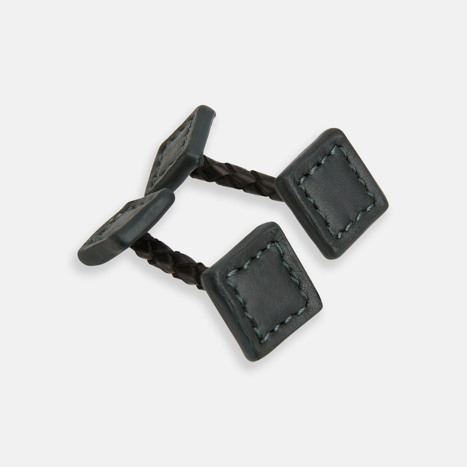 Image 1 of product Turnbull & Asser Forest Green Leather Cufflinks feature square ends, visible stitching, and braided leather connectors, displayed on a white background—a refined choice in men's accessories.