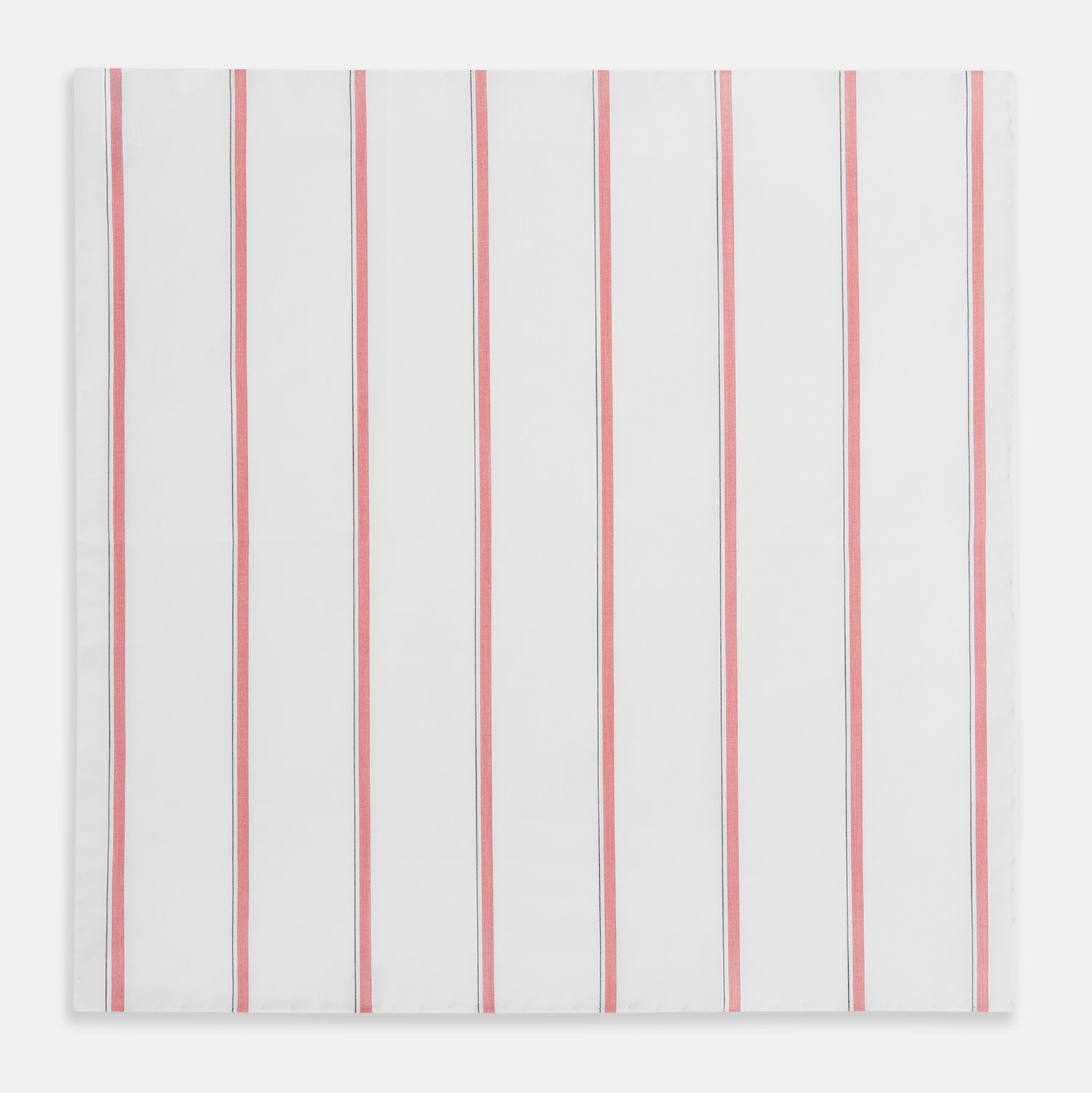 Image 3 of product The Turnbull & Asser Coral Track Stripe Hand-Rolled Handkerchief features evenly spaced vertical coral stripes bordered by thin gray lines, finished with hand-rolled edges and displayed neatly folded on a white background.