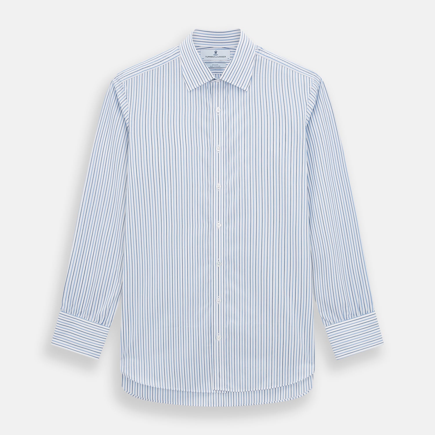 Image 1 of product The Blue and Navy Double Stripe Mayfair Shirt by Turnbull & Asser features a classic T&A collar and thin blue stripes on a white background, displayed against a plain white surface.