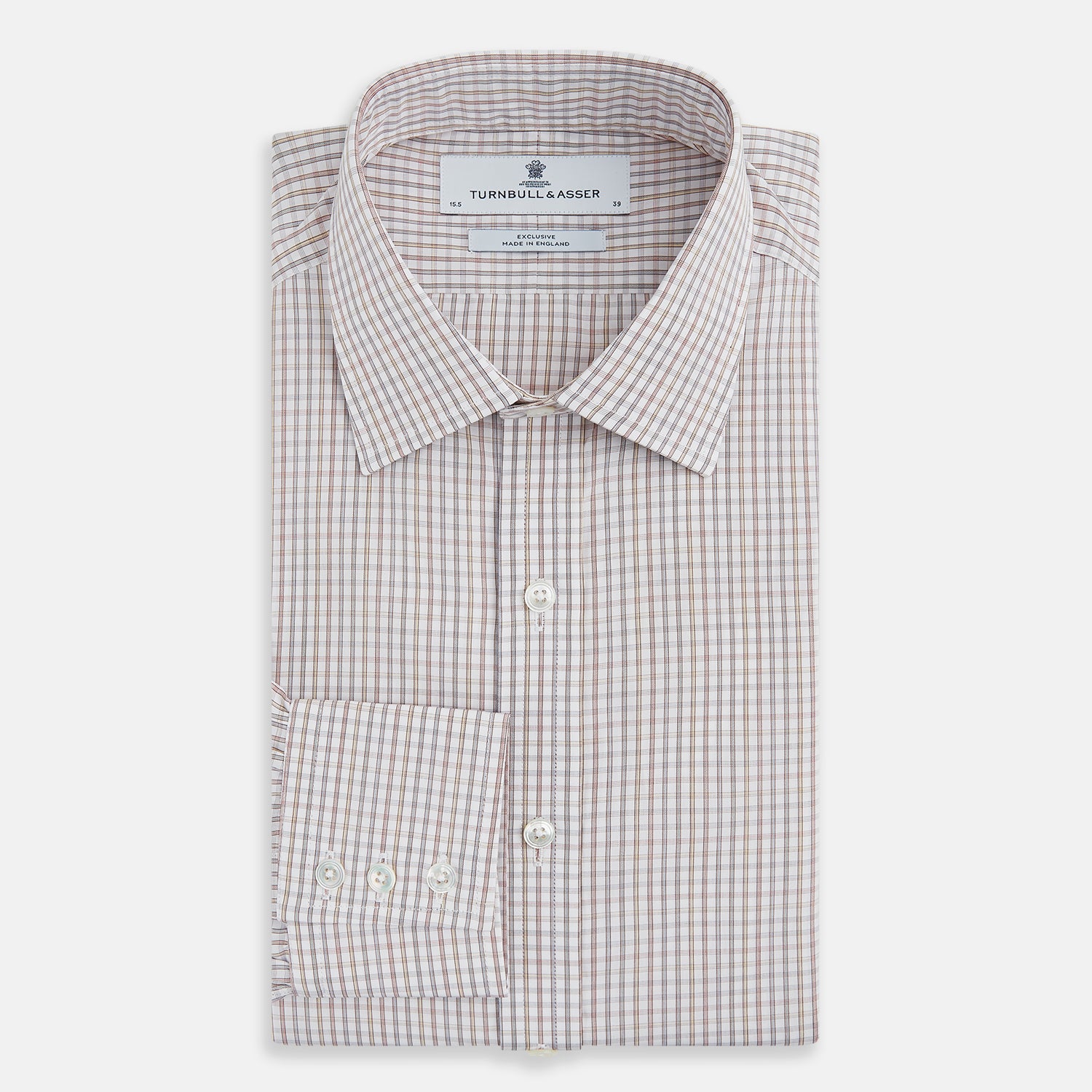 Image 5 of product The Turnbull & Asser Multicoloured Check Mayfair Shirt is a long-sleeve, button-up shirt with a classic collar and buttoned cuffs, showcasing a true British checkered pattern on a white background.