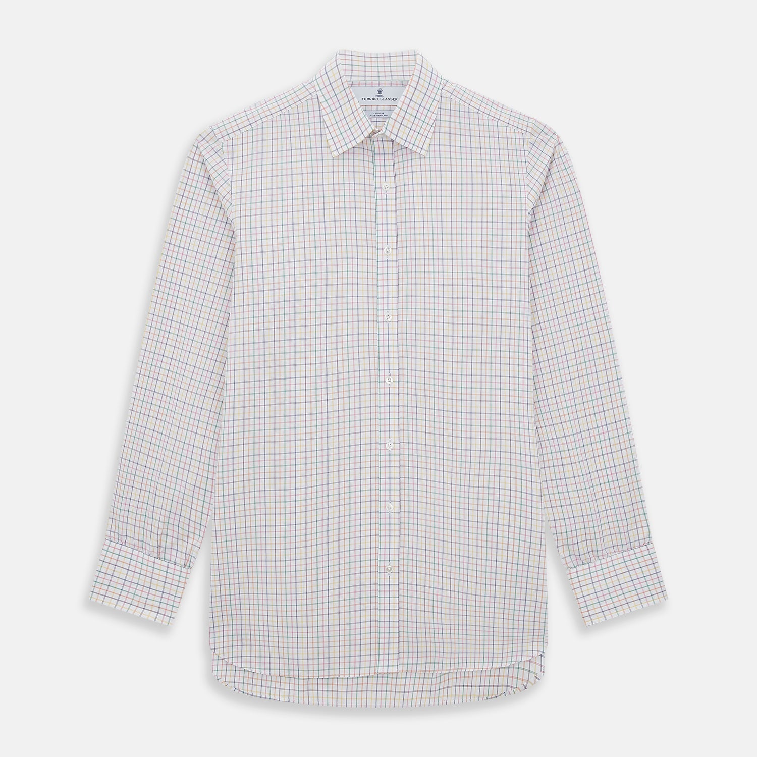 Image 1 of product The Rainbow Double Grid Check Mayfair Shirt by Turnbull & Asser features a white base with thin blue, red, and green checks and a T&A collar. It’s displayed neatly laid flat on a white background.