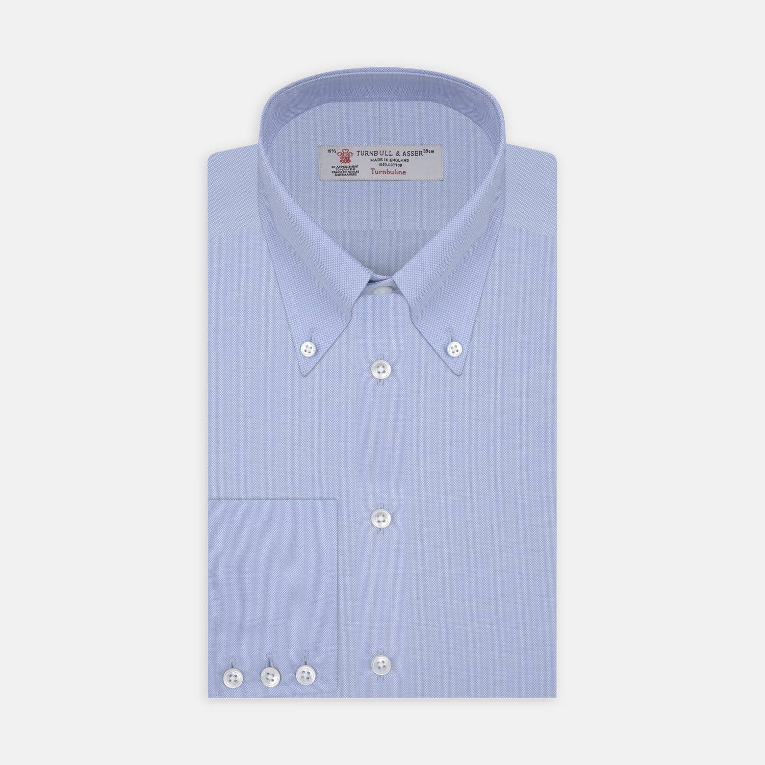 Image 1 of product The Turnbull & Asser Light Blue Royal Oxford Cotton Shirt features a button-down collar, 3-button cuffs, and white buttons. Neatly folded with a visible inner label, it’s ideal to pair with a navy suit and displayed on a plain white background.