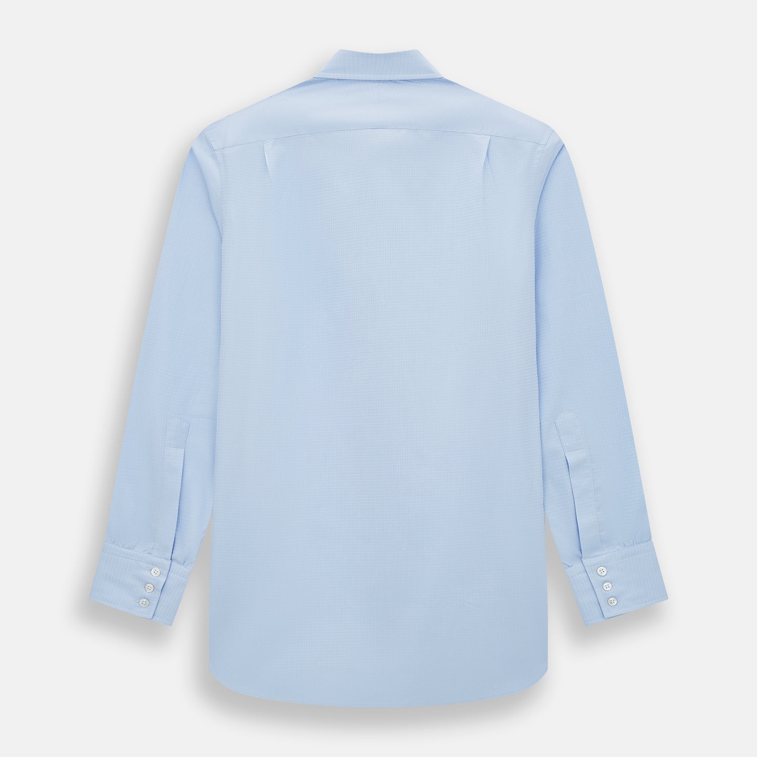 Image 3 of product The Pale Blue Rhombus Mayfair Shirt by Turnbull & Asser features long sleeves, a classic collar, white buttons, and buttoned cuffs, shown laid flat on a white background.