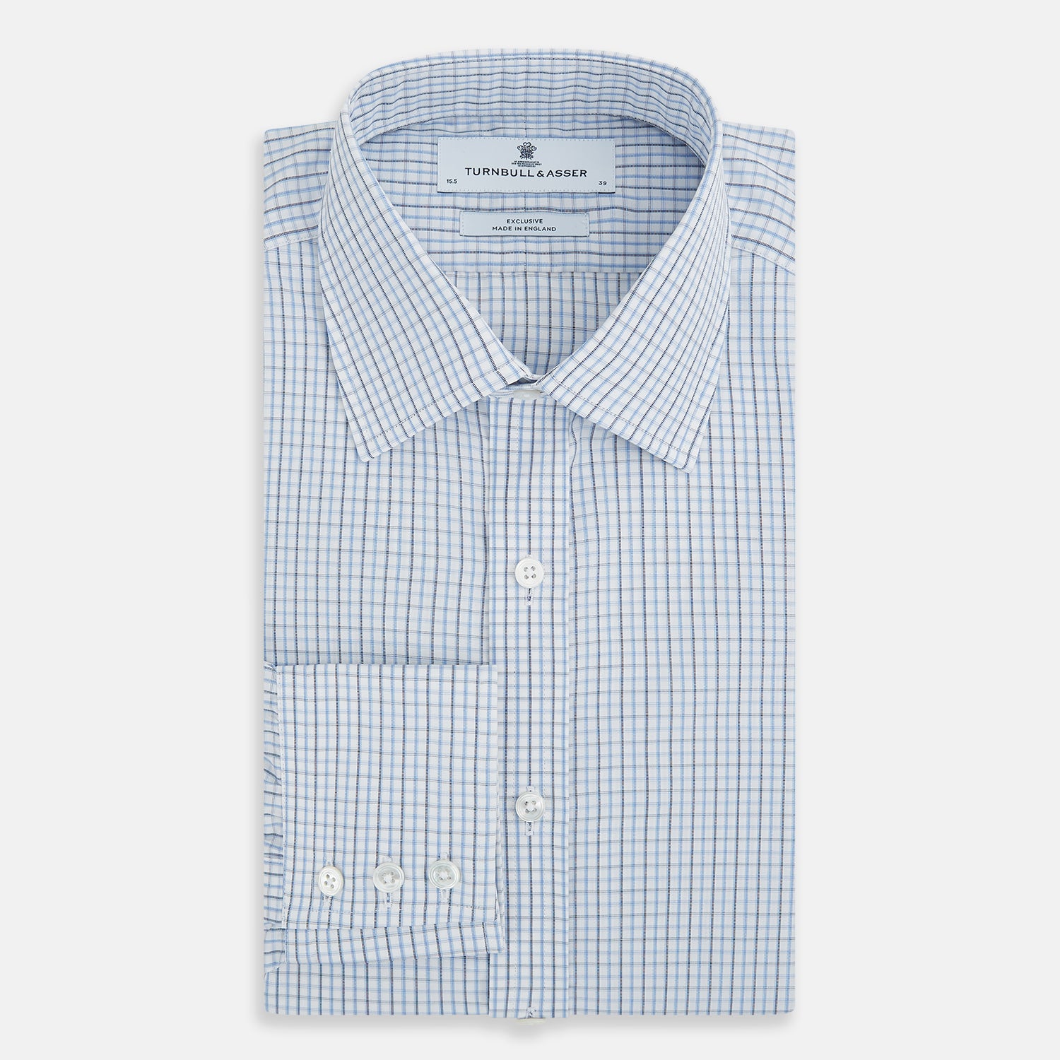 Image 5 of product The Turnbull & Asser Navy and Blue Multi Check Mayfair Shirt features a T&A collar, button cuffs, and a blue checkered pattern. This long-sleeve, button-up shirt is shown on a white background.