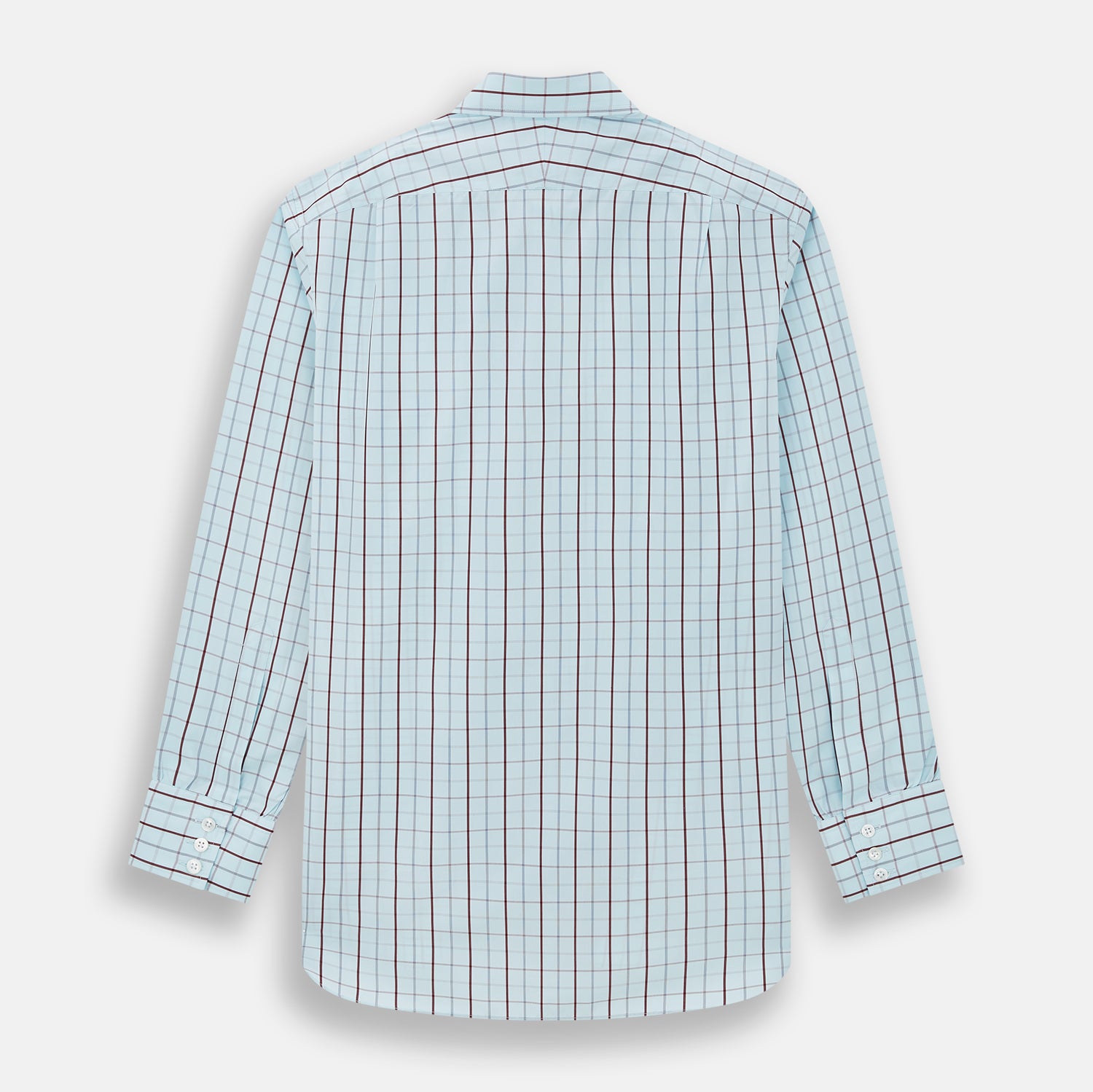 Image 3 of product The Turnbull & Asser Burgundy Combination Check Mayfair Shirt is a long-sleeve button-up dress shirt with a check pattern, ideal for formal wear and shown on a plain white background.