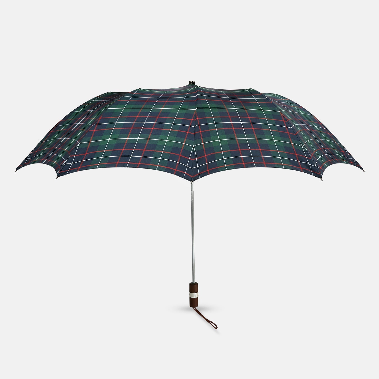Image 1 of product The Colquhoun Tartan Telescopic Umbrella by Turnbull & Asser features a green, blue, and red plaid canopy, silver metal shaft, and brown maple handle with wrist strap. Shown fully open against a plain white background.