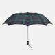 The Colquhoun Tartan Telescopic Umbrella by Turnbull & Asser features a green, blue, and red plaid canopy, silver metal shaft, and brown maple handle with wrist strap. Shown fully open against a plain white background.