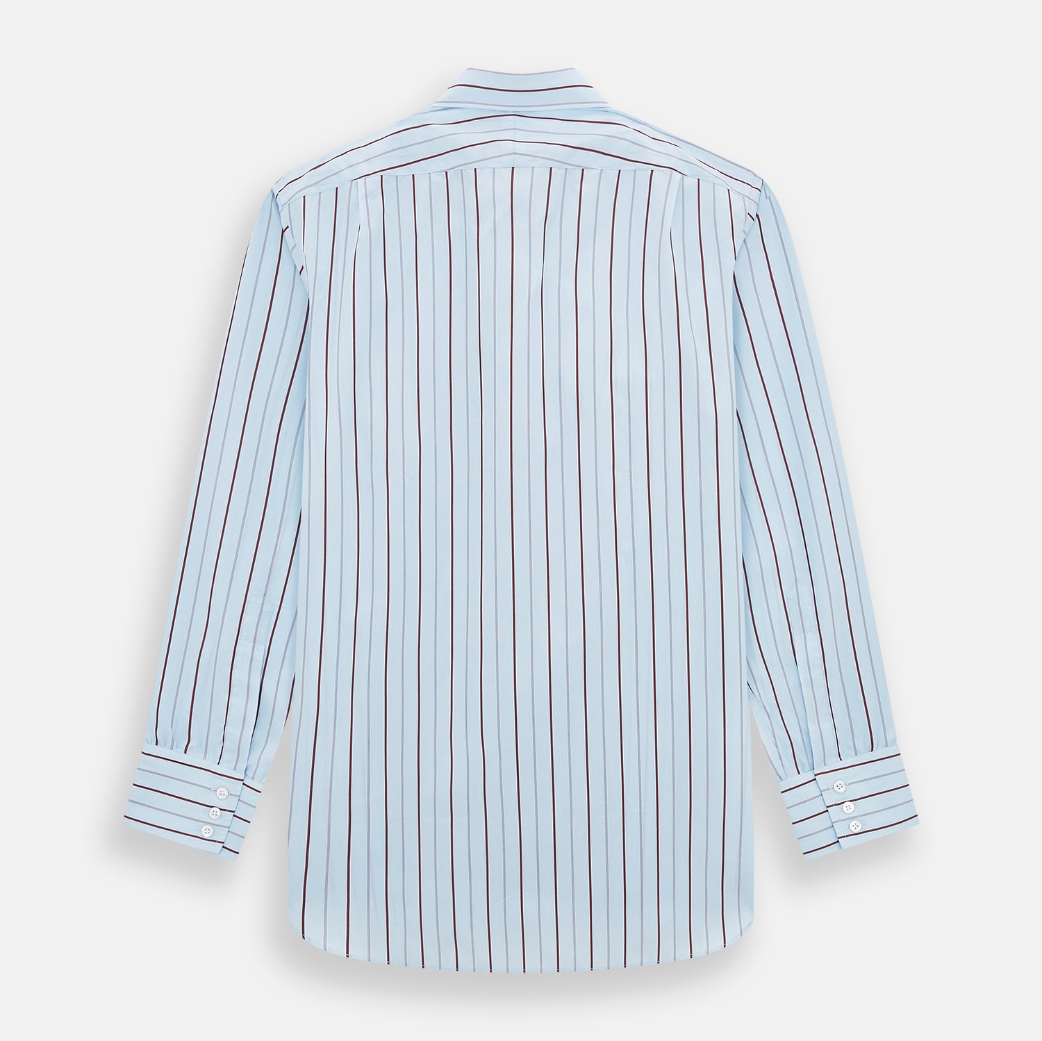 Image 3 of product The Turnbull & Asser Burgundy Wide Pinstripe Mayfair Shirt features a collared, long-sleeve design with bold vertical stripes, crafted in the refined Mayfair fit and displayed on a plain white background.