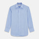 The Blue Prince of Wales Check Mayfair Shirt by Turnbull & Asser is a light blue formal long-sleeve shirt with a subtle check pattern, button-down front, and buttoned cuffs, shown laid flat on a white background.