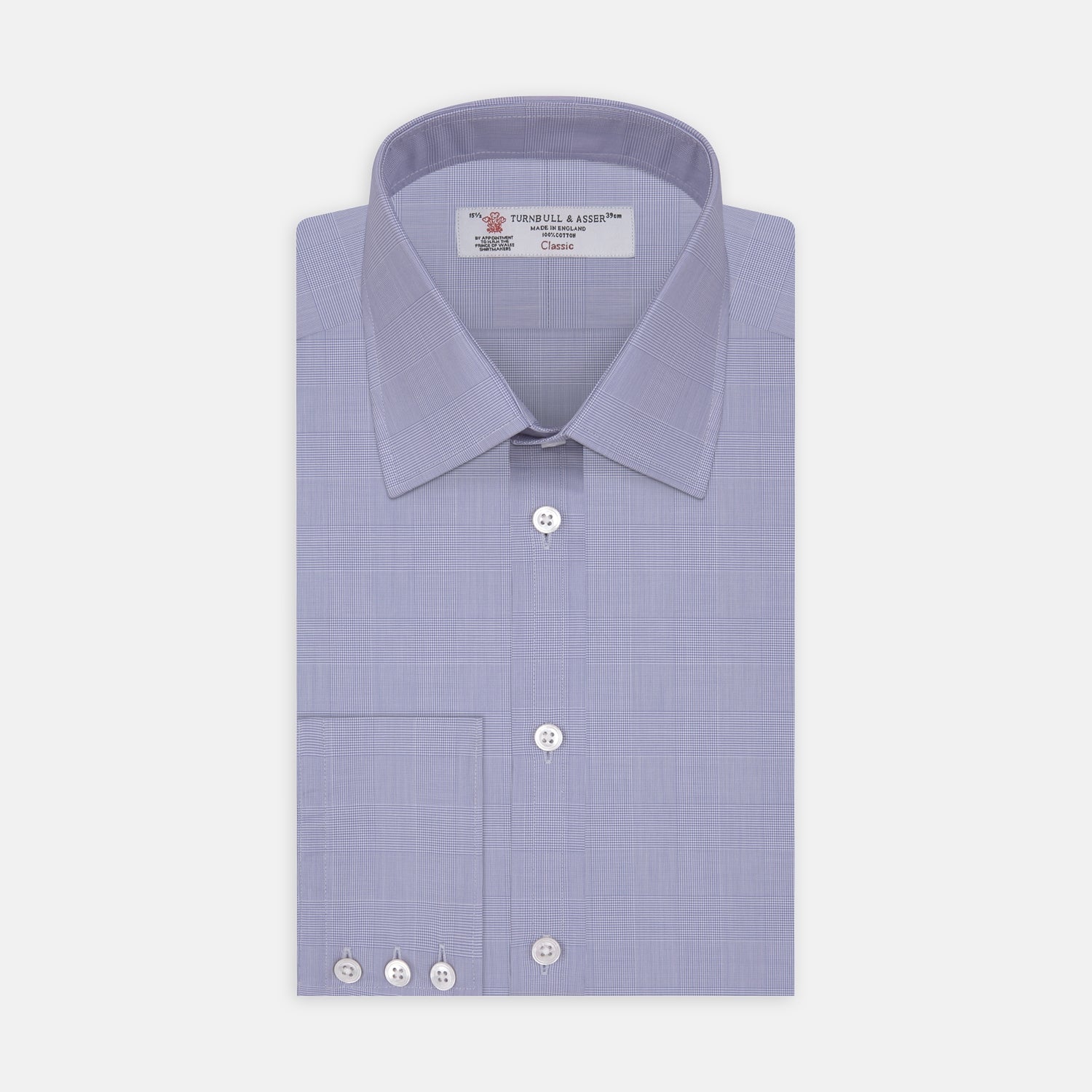 Image 1 of product A Blue Prince of Wales Check Shirt by Turnbull & Asser, featuring a T&A collar and 3-button cuffs, is neatly folded and displayed on a plain white background.