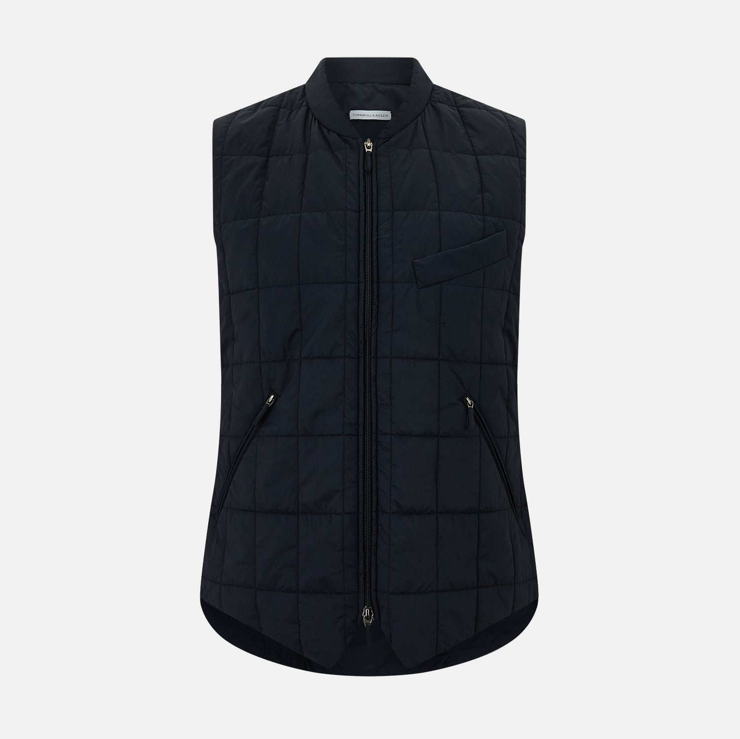Image 1 of product The Turnbull & Asser Navy Quilted Gilet is sleeveless and lightweight, with a front zipper, zippered side pockets, chest pocket, and rounded hem—ideal for versatile layering. Shown on a plain white background.