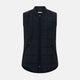 The Turnbull & Asser Navy Quilted Gilet is sleeveless and lightweight, with a front zipper, zippered side pockets, chest pocket, and rounded hem—ideal for versatile layering. Shown on a plain white background.