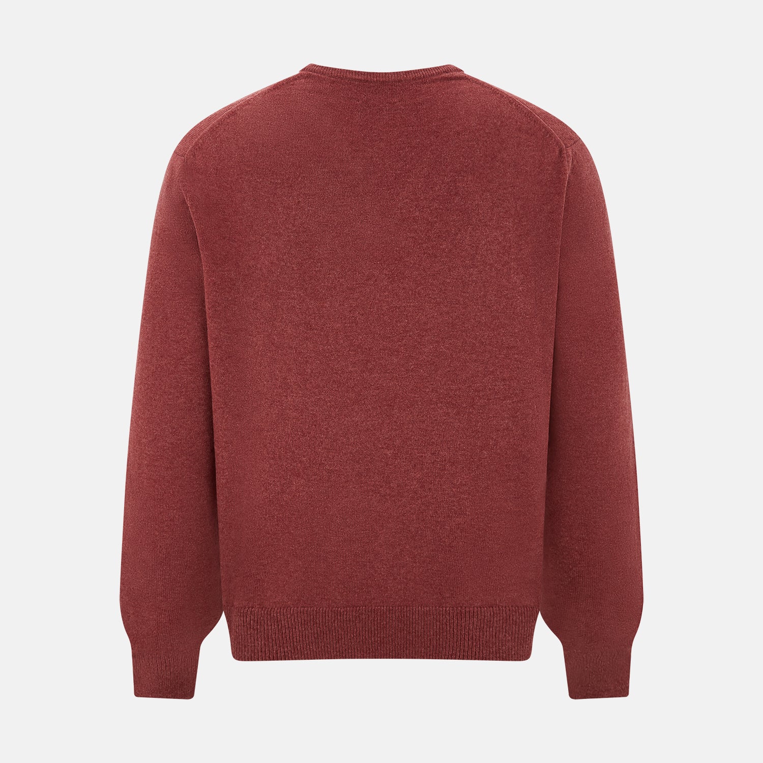 Image 3 of product The Turnbull & Asser Burgundy Crew V-Neck Cashmere Jumper is a long-sleeve knitwear piece with ribbed cuffs, hem, and neckline, shown on a white background.