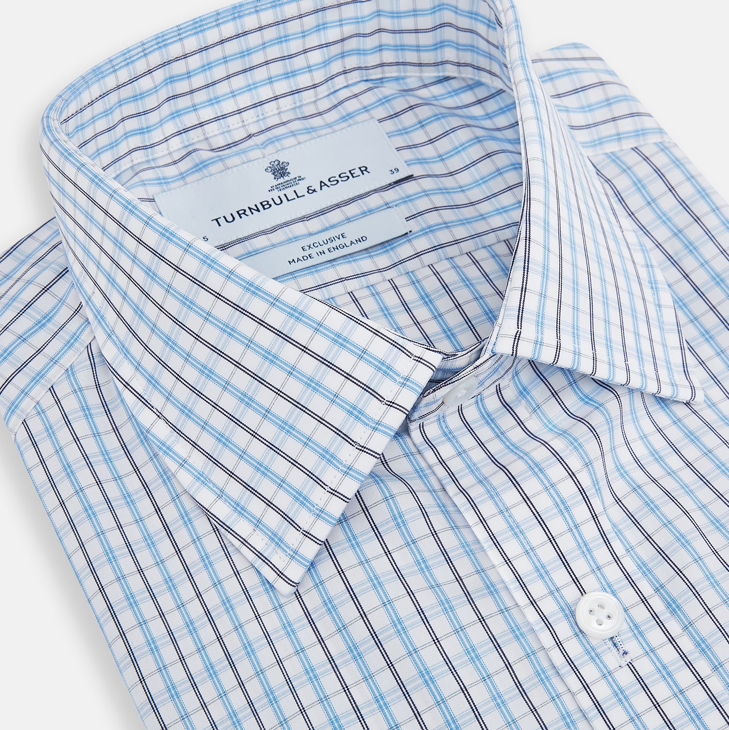 Image 2 of product The Turnbull & Asser Navy and Blue Multi Check Mayfair Shirt features a crisp blue and navy check pattern, T&A collar, long sleeves, and a tailored Mayfair fit.