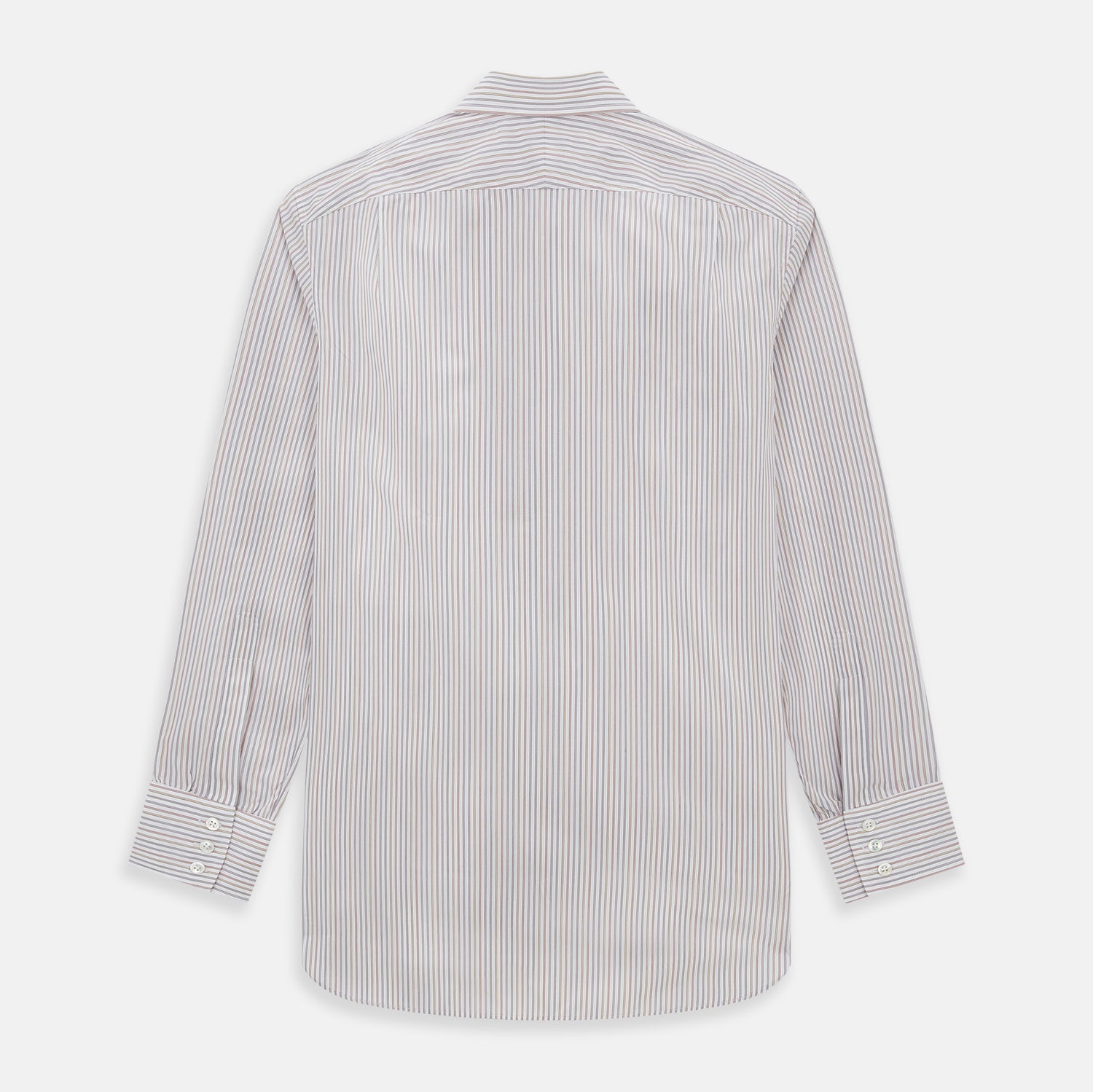 Image 3 of product The Red with Multicoloured Music Stripe Mayfair Shirt by Turnbull & Asser is a long-sleeve, button-up shirt with a collar, featuring vibrant multicoloured stripes, inspired by classic British design, neatly laid flat on a plain background.