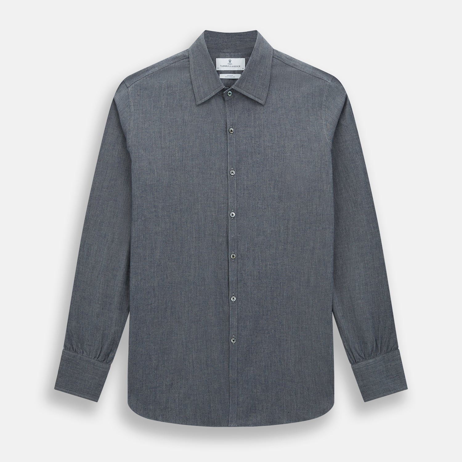 Image 1 of product The Turnbull & Asser Azzurro Westminster Shirt in dark grey features long sleeves, a classic collar, buttoned cuffs, and a straight hem, showcased against a white background, highlighting refined British craftsmanship.