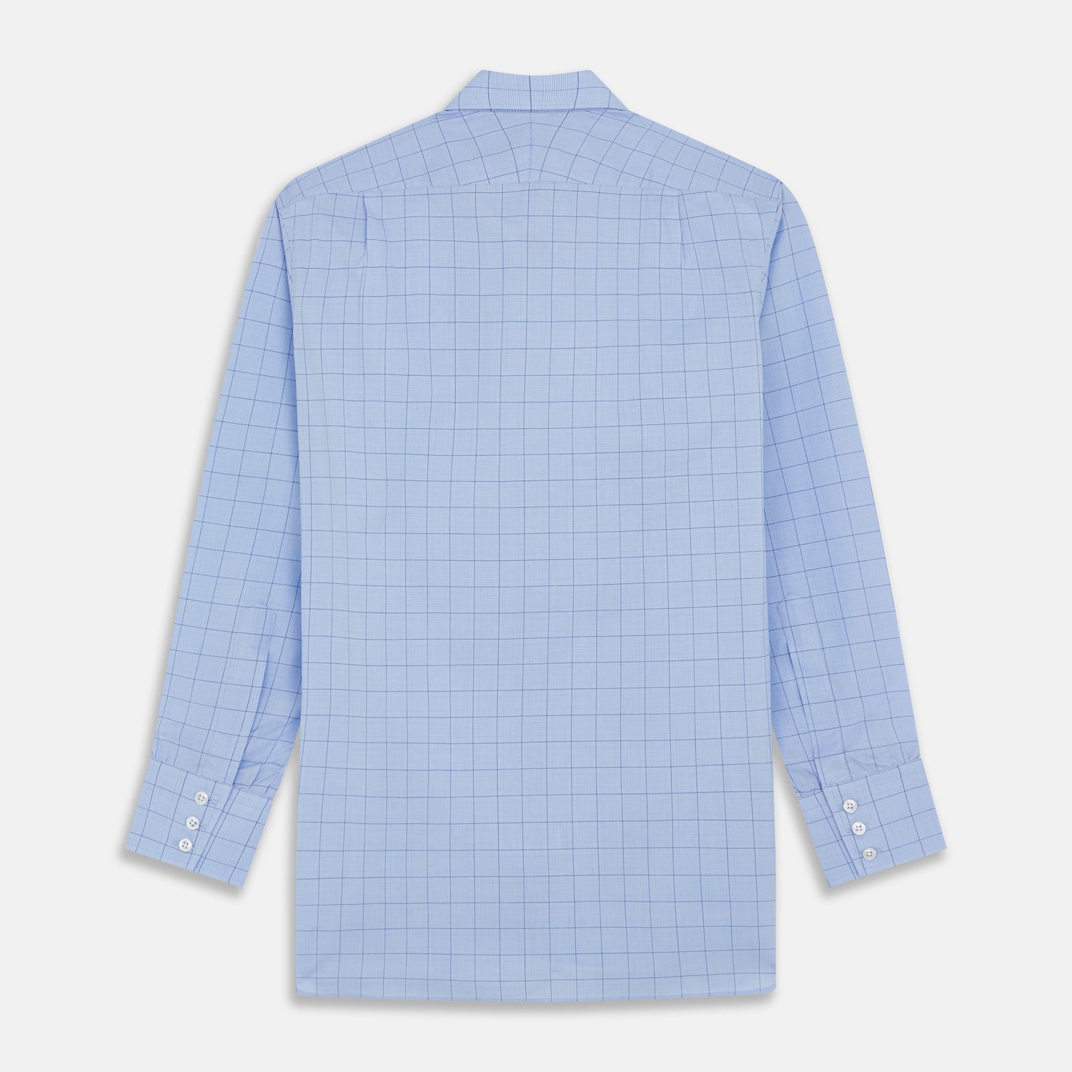 Image 3 of product The Blue Prince of Wales Check Mayfair Shirt by Turnbull & Asser is a light blue formal long-sleeve shirt with a subtle check pattern, button-down front, and buttoned cuffs, shown laid flat on a white background.