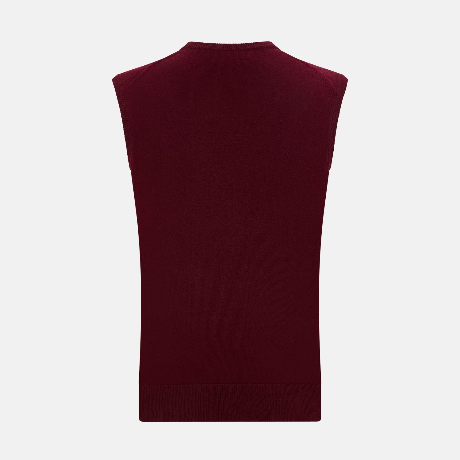 Image 3 of product The Turnbull & Asser Burgundy Cashmere V-Neck Vest for men is a stylish, sleeveless knit sweater displayed on a plain white background.