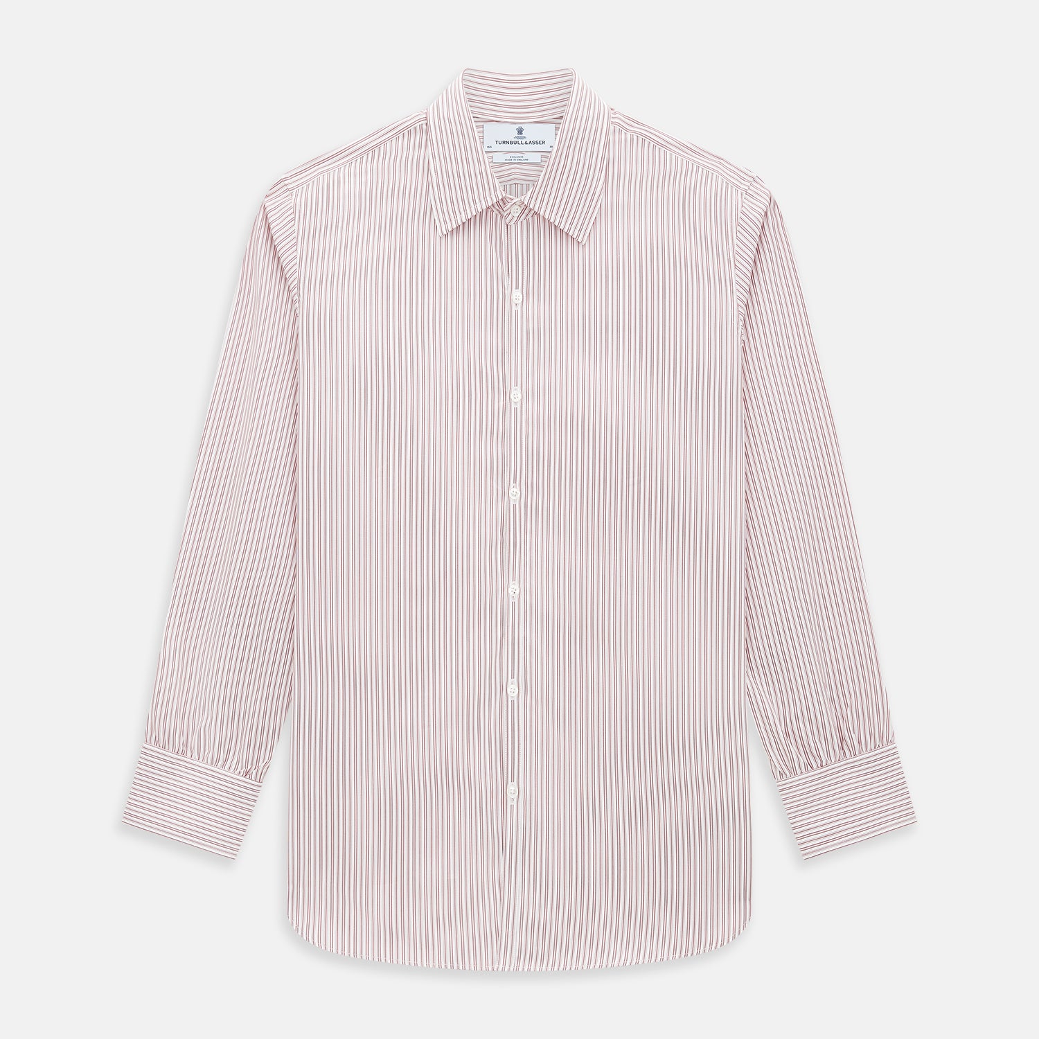 Image 1 of product The Red Ticking Stripe Westminster Shirt by Turnbull & Asser features long sleeves, a button-up front, and vertical red and white stripes, shown flat on a white background.