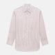 The Red Ticking Stripe Westminster Shirt by Turnbull & Asser features long sleeves, a button-up front, and vertical red and white stripes, shown flat on a white background.