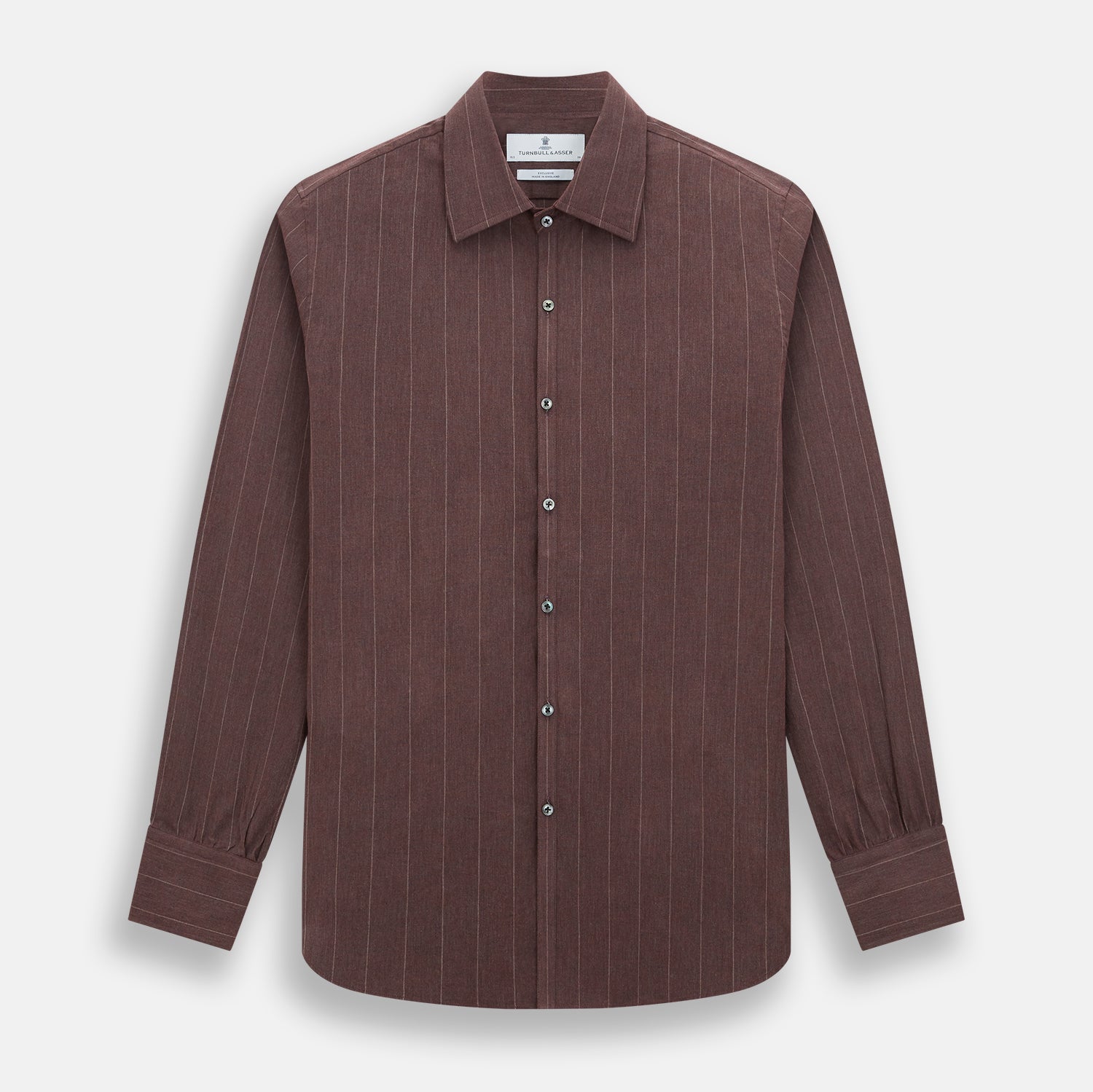 Image 1 of product The Indies Red Wide Stripe Westminster Shirt by Turnbull & Asser features wide red stripes, a classic collar, and a tailored fit, reflecting British craftsmanship. Displayed against a white background.