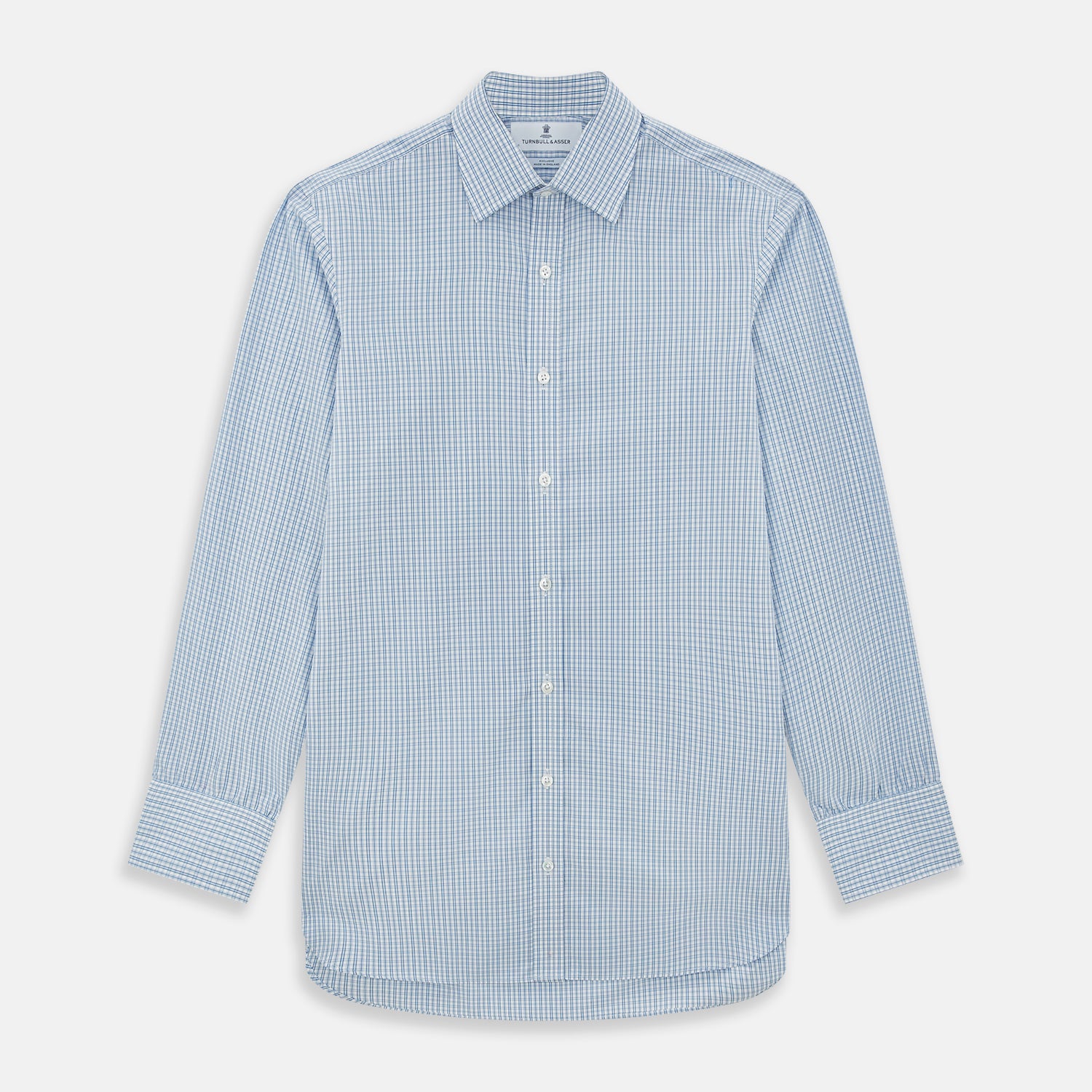 Image 1 of product The Sky Blue Micro Graph Check Mayfair Shirt by Turnbull & Asser features a classic T&A collar, button-down front, and buttoned cuffs, shown laid flat on a white background.
