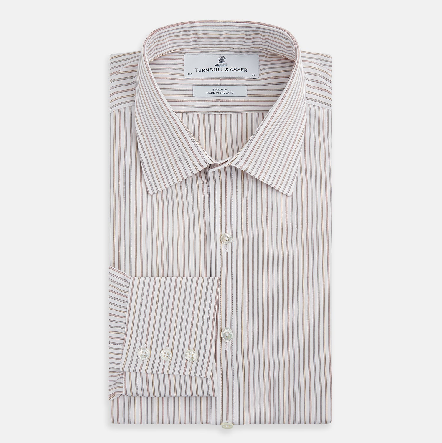 Image 5 of product The Red with Multicoloured Music Stripe Mayfair Shirt by Turnbull & Asser is a long-sleeve, button-up shirt with a collar, featuring vibrant multicoloured stripes, inspired by classic British design, neatly laid flat on a plain background.