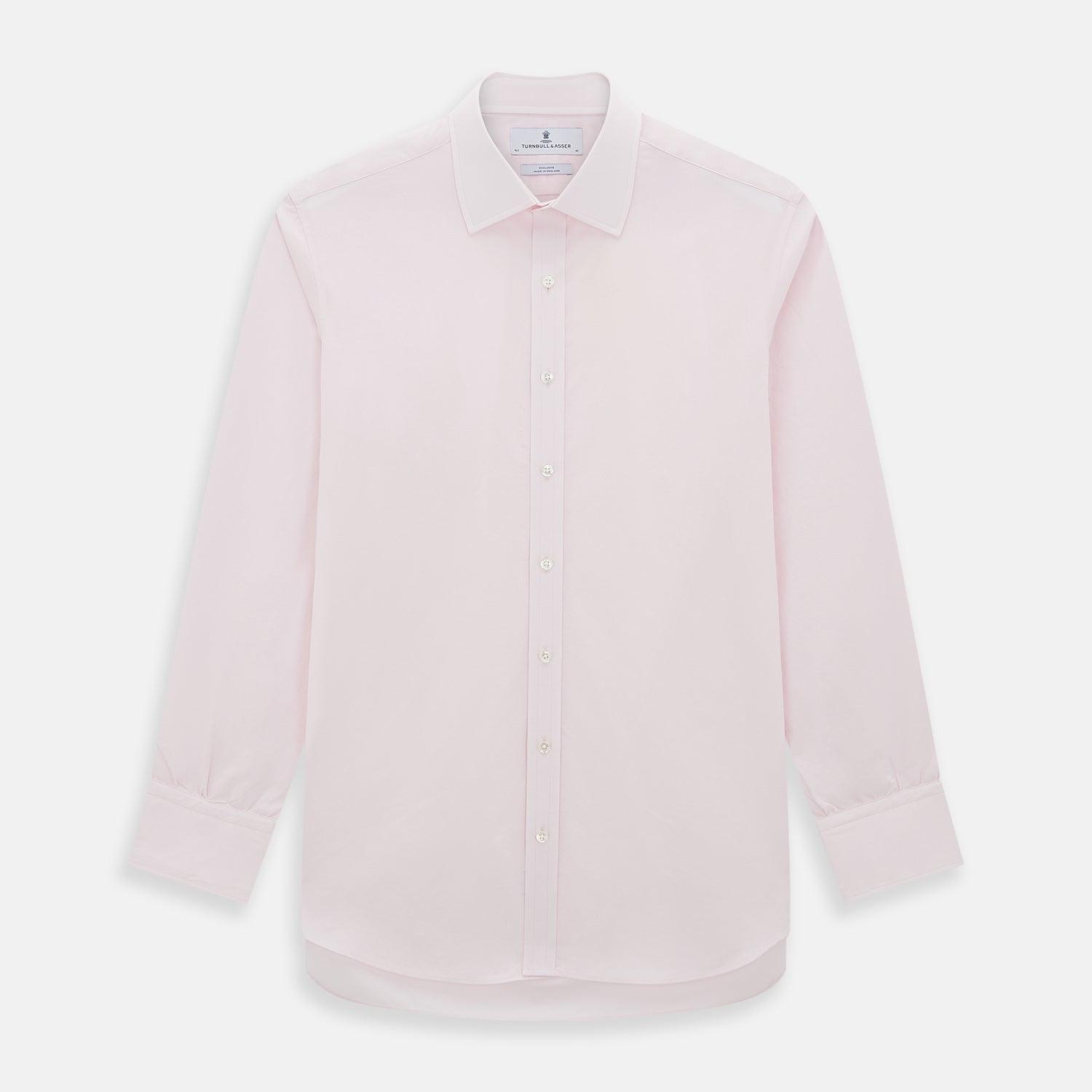 Image 1 of product The Soft Pink Mayfair Shirt by Turnbull & Asser is a long-sleeved, sanforised cotton button-up with a classic collar, white buttons, and buttoned cuffs, shown against a plain white background.